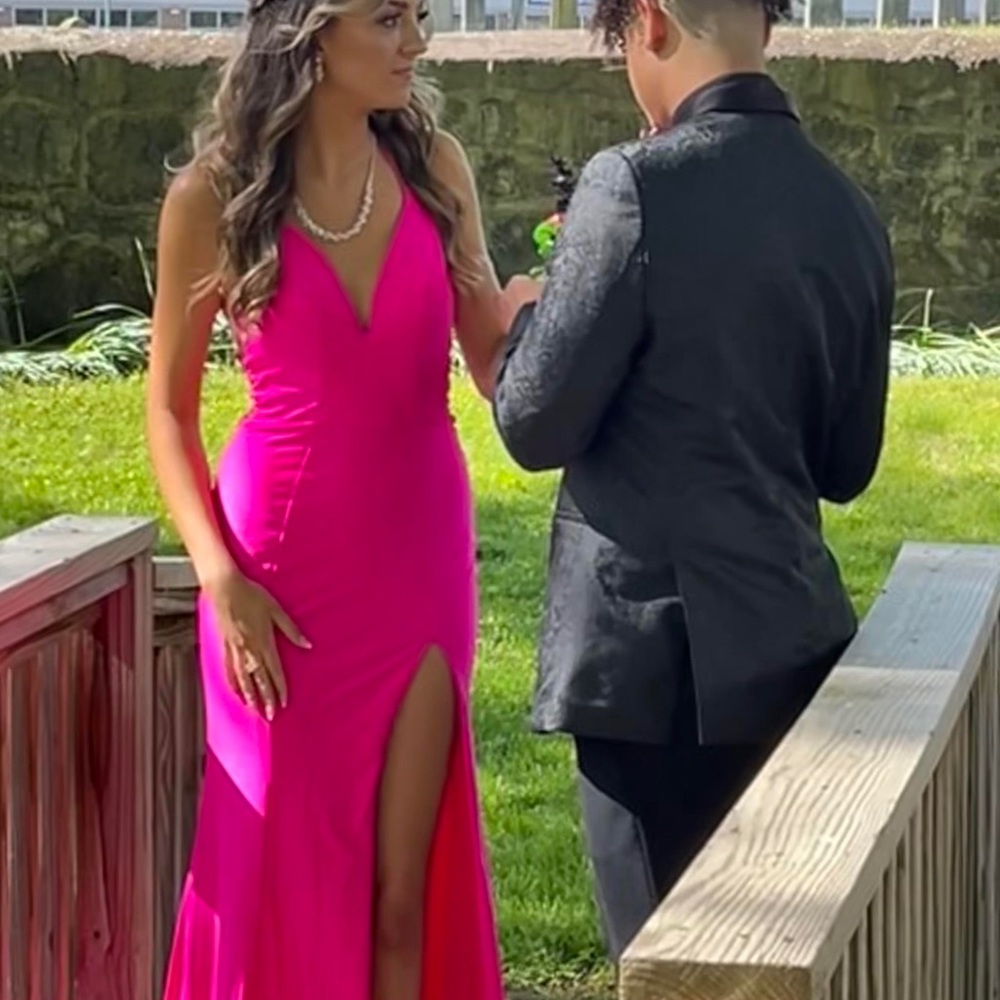 Hot bright pink prom/maxi dress with train. Glitter studs.